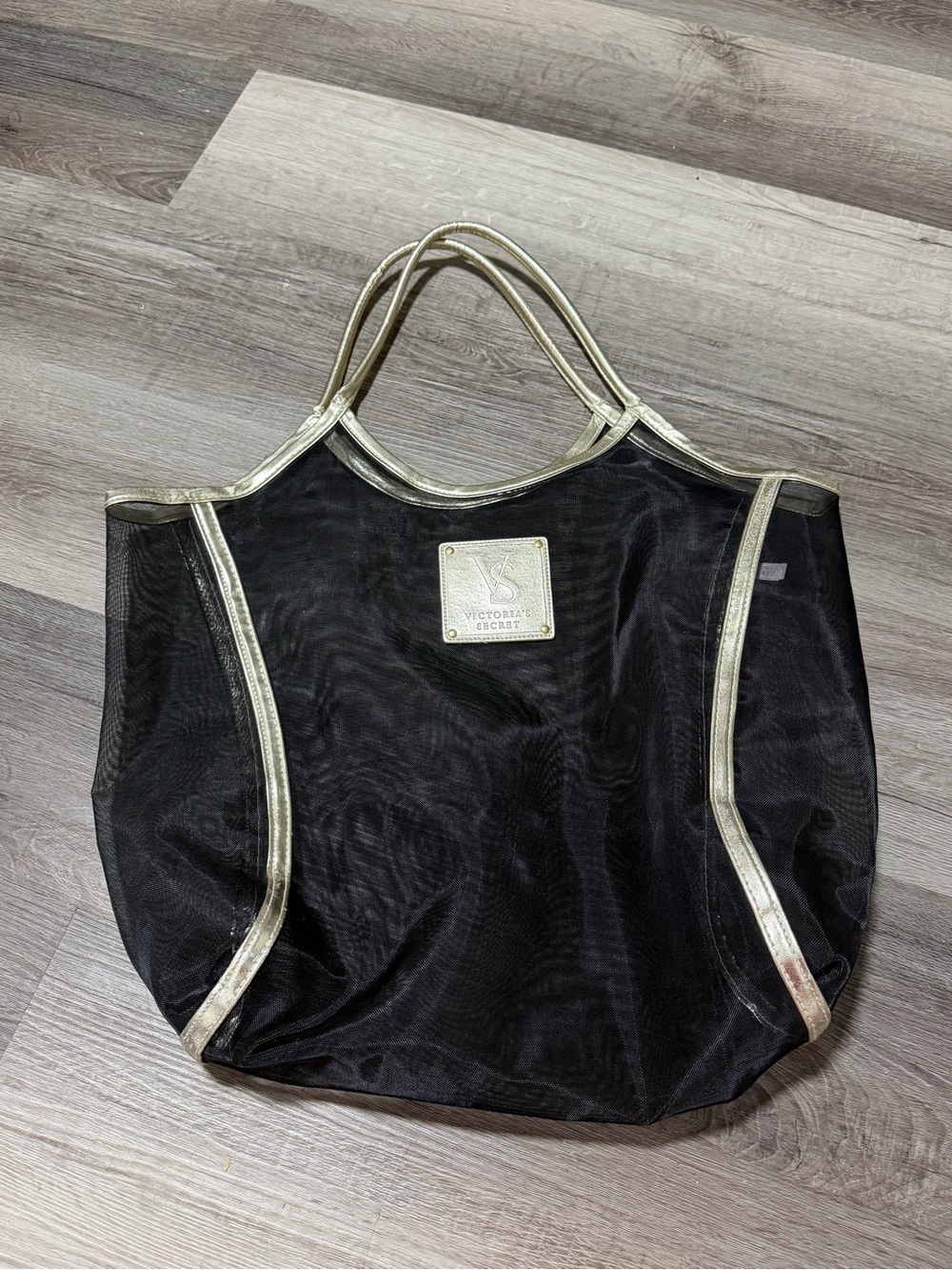 Victoria's Secret Black Mesh Tote with Gold Accents